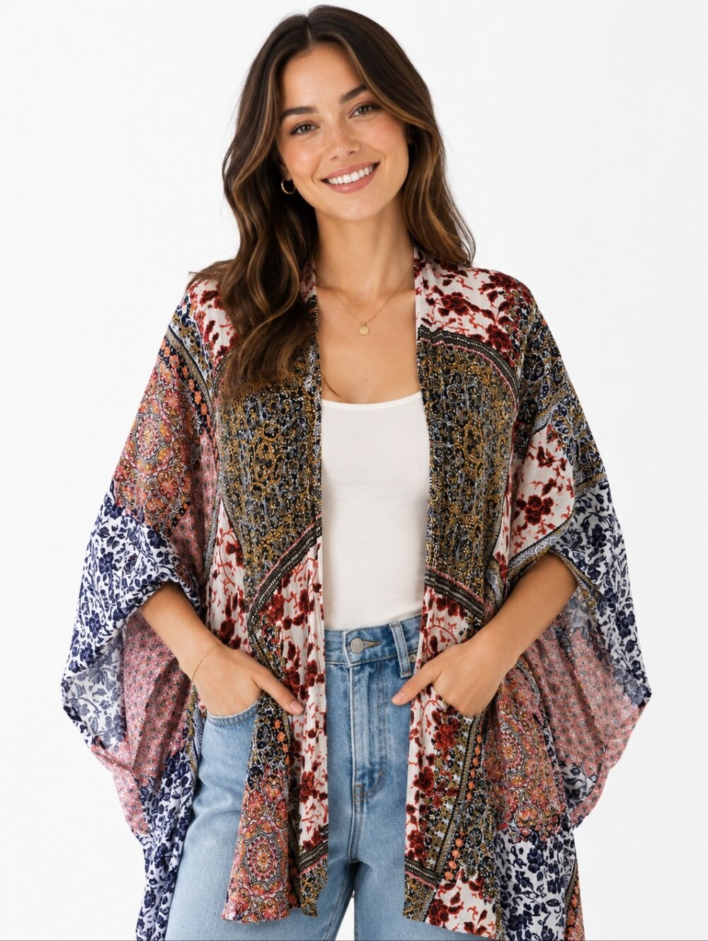Wishlist Apparel Kimono Jacket Patchwork Design One Size Red Black